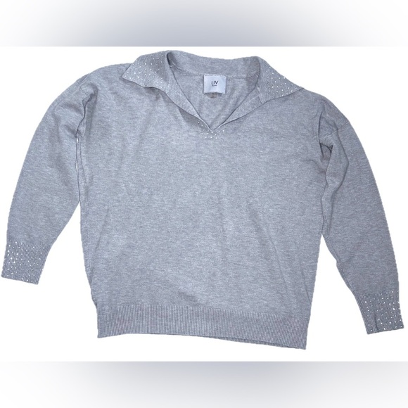 Sweaters - Liv Milano Gray Collared Rhinestone Sweater XL Lightweight Fairy Core Whimsigoth